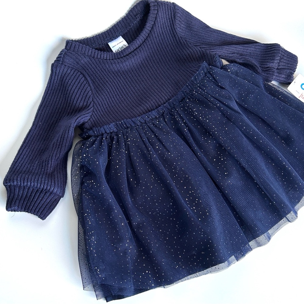 Carter’s Ribbed Knit Metallic Tulle Infant Holiday Dress Navy Blue